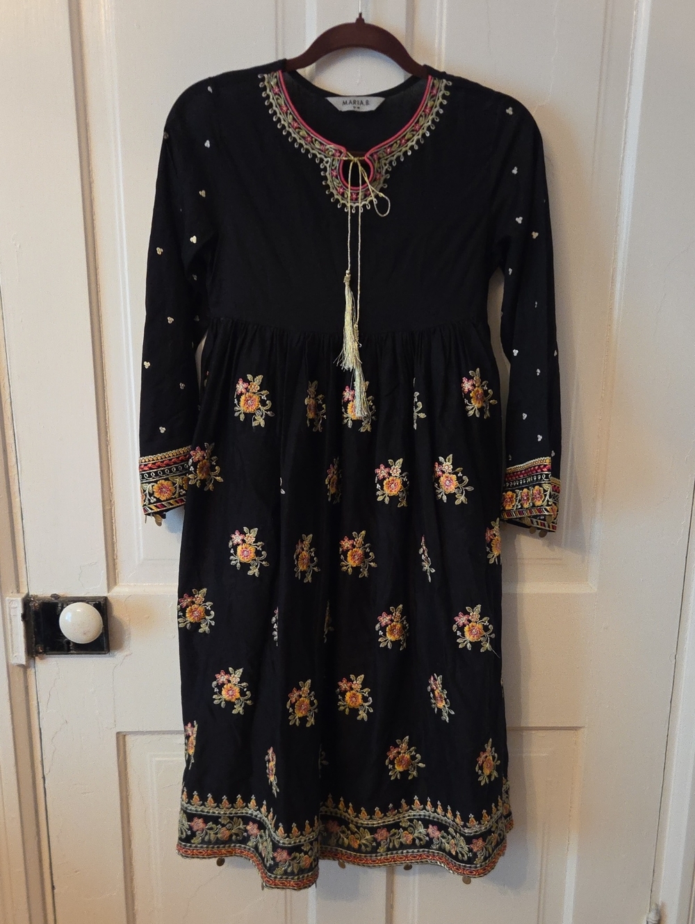 Marika Black Embroidered Boho Dress with Pink & Gold Details